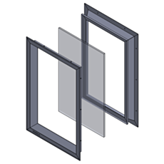 Exploded view of ValuLine Center-Mount Window showing two-frame stainless steel assembly