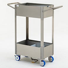 Stainless steel chemical cart equipped with certified hygienic plate casters