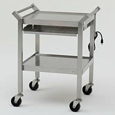 Stainless cleanroom cart with two shelves, push handles and optional tray for workspace use