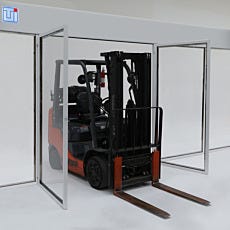 hardwall modular cleanroom configured with open equipment access door for a forklift