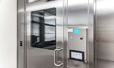 Cleanroom stainless steel door with control panel and viewing window