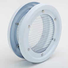 Round wall communication panel with clear layered diaphragms for lab or cleanroom use