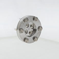 Close-up of a 4 pin sma coaxial feedthrough on acrylic vacuum chamber wall