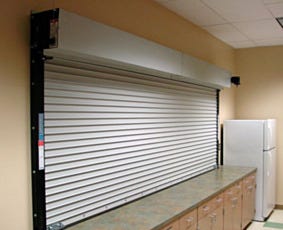 Inside view of wide service counter fire-rated roll-up door