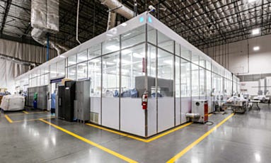 Corner view of extended height cleanroom for dietary supplement and sports nutrition manufacturing