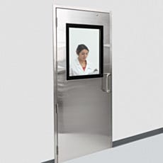 Custom partial window with black borders for a BioSafe® automatic pre-hung door