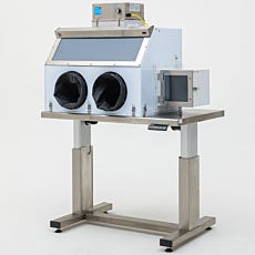 Polypropylene 2-port glovebox on adjustable table with mounted FFU and airlock
