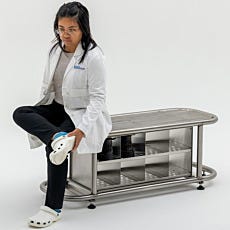 Stainless Steel Rod Top Cylinder Tube Gowning Bench with detachable Bootie Rack with model photo