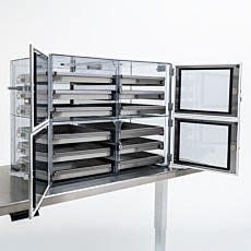 Full view of open 4-chamber SDPVC desiccator with sliding trays