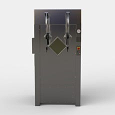 rendering of a nuclear dispensing hot cell from the front showing leaded glass window and mechanical arms