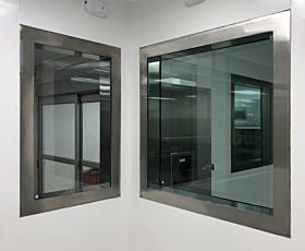 Double pane windows in tempered glass and stainless steel frame for pharmacy compounding