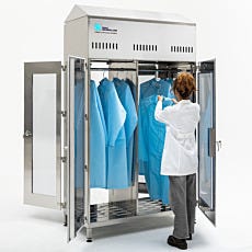 Two models accessing both sides of the Double-Sided Garment Cabinet