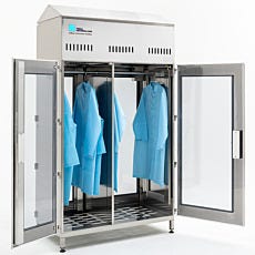 Double-sided garment cabinet with open doors, four garments hanging inside