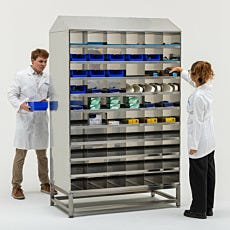 two scientists organizing storage system with one on each side