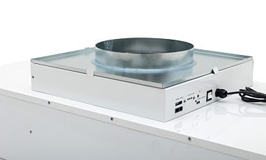 Close up of a duct flange adapter that is connected to a fan filter unit