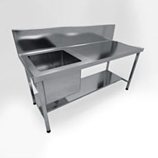 Custom electropolished steel sink station, recessed top backsplash and perforated shelf