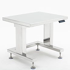 Stainless steel work station with bull-nose rounded table top and blue leveling feet