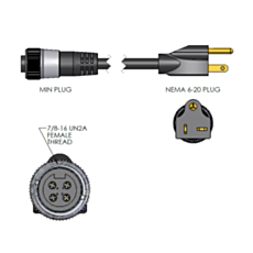 Technical drawing of cord adapter, NEMA 6-20 plug, and MIN 4 PL