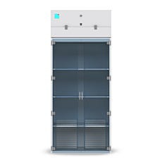 A 3D rendering of a cabinet with blower module on top for safe chemical storage