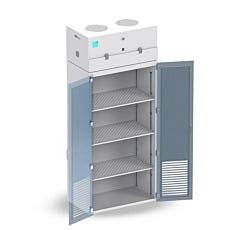 A 3D rendering of a cabinet with a blower module on top for safe chemical storage, open
