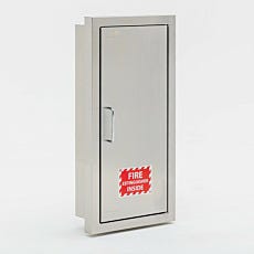 Stainless steel fire extinguisher cabinet with red safety label