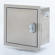 Square stainless steel pass-through chamber with hinged door
