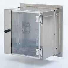 Square stainless steel pass-through chamber with hinged door
