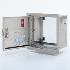 steel wall-mounted pass-through cabinet with cam-lock latch and instruction labels