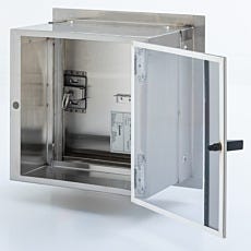 Square stainless steel pass-through chamber with flush-mount design
