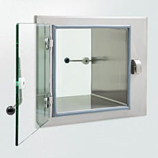 Photo of an open stainless steel pass-through featuring frameless glass door