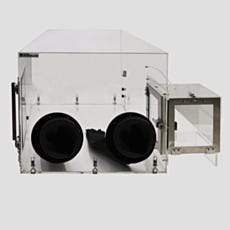 Acrylic glovebox with 2 black gloves and detachable bottom