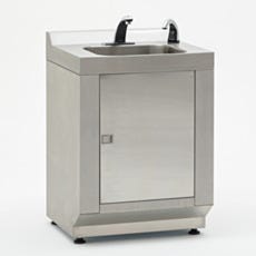 A single sink hand washing station with automatic faucet and soap dispenser for cleanrooms.