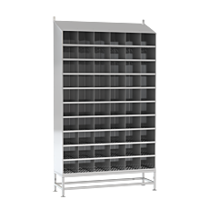 3D render of a stainless steel storage cabinet with 60 cubby holes