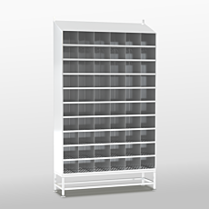3D render of a powder-coated storage cabinet with 60 perforated-bottom cubby holes
