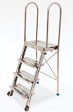 Heavy-duty stainless steel ladder with platform and handrails.