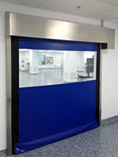 blue high speed roll up door with cleanroom through the clear window