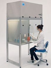 Stainless Steel Vertical Laminar Flow Hood Shown in Use