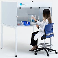 Polypropylene benchtop horizontal laminar flow hood with spill protected elevated FFU and WhisperFlow quiet operation
