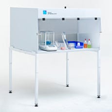 Polypropylene benchtop horizontal laminar flow hood with spill protected elevated FFU and WhisperFlow quiet operation
