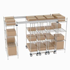 slighly angled view of the super erecta top trackshelf made from chrome, with prop boxes