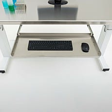 Keyboard tray compatible with fixed and adjustable-height cleanroom tables