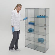 Plastic cleanroom storage cabinet in ESD-safe design with 10 chambers and 4 doors