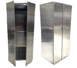 tall stainless steel finish cabinet with two doors, one view open, with lead lining