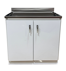 white powder-coated cabinet with stainless steel marine edge counter top, lead-lined