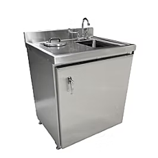 lead-lined cabinet with sink unit in stainless steel finish for containing radioactive lab waste