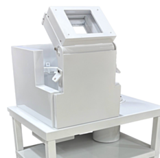unit dose table shown in white powder-coated finish for calibrating doses of radiologically active medication