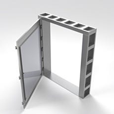 angled view of the right side of the leak-rated pass-through convenience window with door open