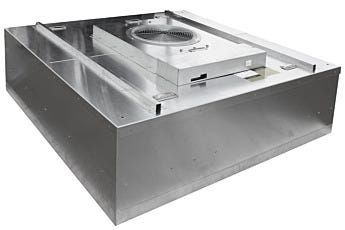 Stainless steel 4x4 fan filter unit with visible fan housing and filter frame