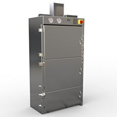 Render of a large stainless steel hot cell with three doors, pressure gauges, and a filtration module