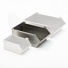 Photo of a set of solid stainless steel tote bins with the middle size highlighted